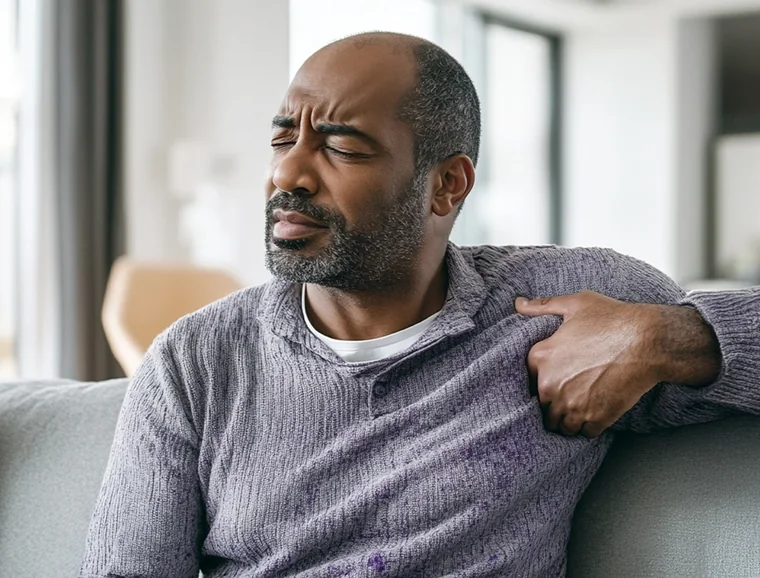 Man at home noticing chest tightness, the kind of everyday breathing discomfort Breathizen is designed to support