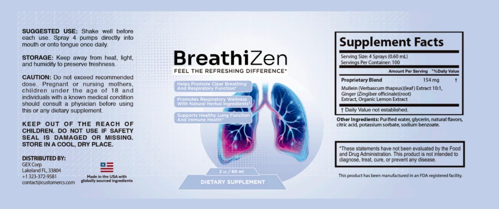 Breathizen label with Supplement Facts: 4 sprays per serving, 100 servings, 154 mg proprietary blend of Mullein leaf extract 10:1, Ginger root extract and Organic Lemon extract